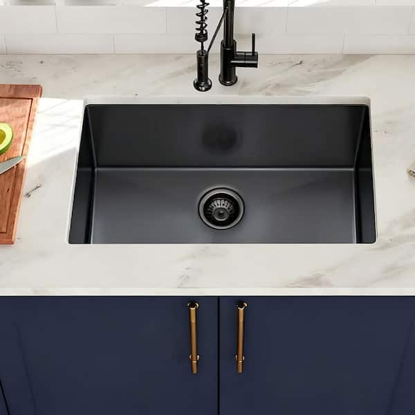 33 in. Undermount Single Bowl 16 Gauge Gunmetal Black Stainless Steel Kitchen Sink with Drain Assembly