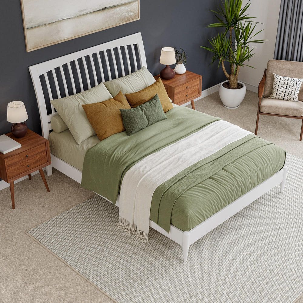 Orleans White Solid Wood Queen Sleigh Platform Bed with Slatted Headboard