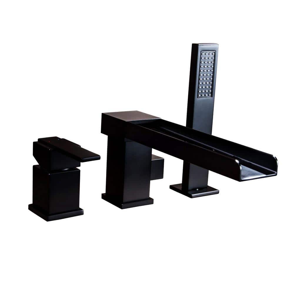 Single-Handle Waterfall Deck-Mount Roman Tub Faucet with Hand Shower 3-Hole Brass Bathtub Fillers in Matte Black price history on PriceWatchPro