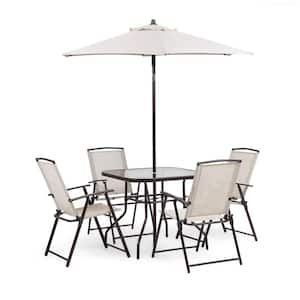 Adela Brown 6-Piece Metal Glass top Square Outdoor Dining Set and Umbrella