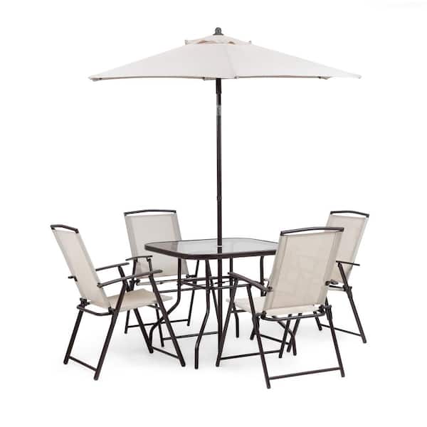 Furniture of America Adela Brown 6-Piece Metal Glass top Square Outdoor Dining Set and Umbrella