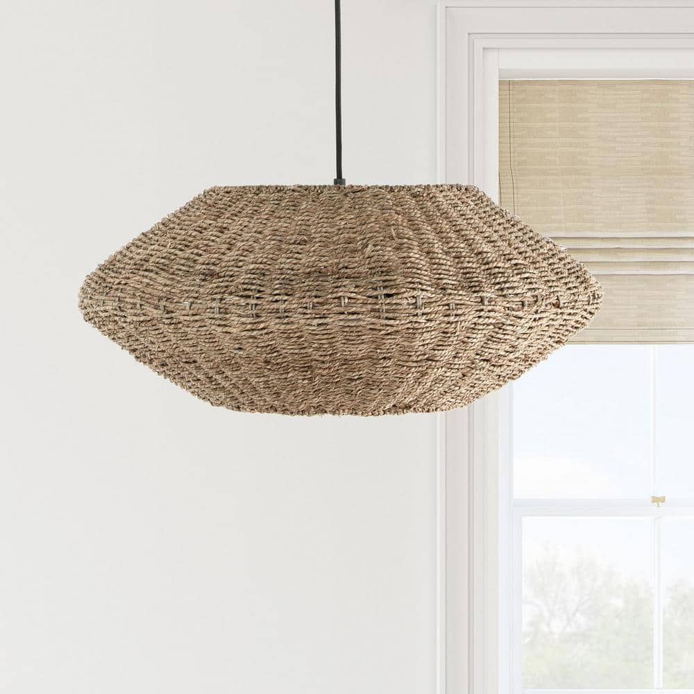 Pourel Matte Black and Natural Seagrass Drum Pendant Light