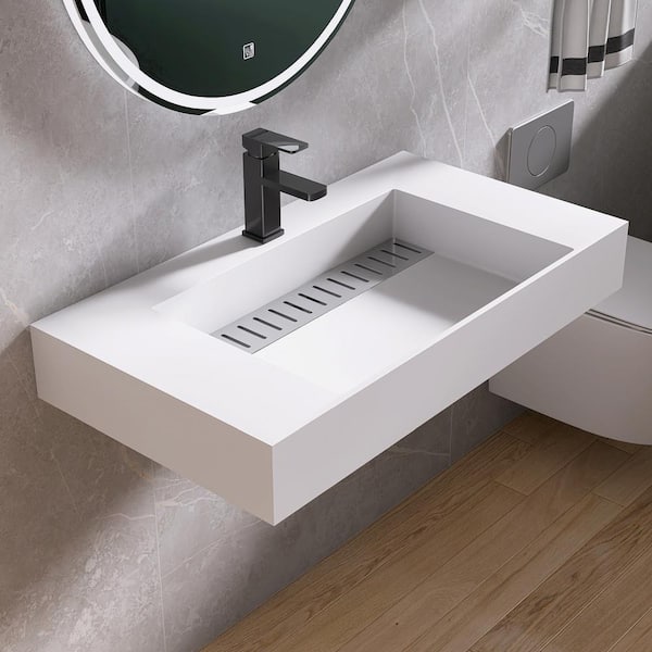 36 in. x 20 in. x 5 in. Solid Surface Wall-Mounted Bathroom Sink in White with Faucet Hole and Stainless Steel Drain Cap