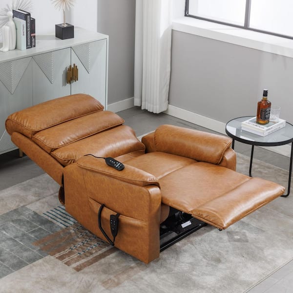 Yellow Brown Breathable Leather Dual Motor Infinite Position Up to 350 lbs. Power Lift Recliner Chair with Heat Massage