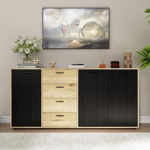 Burly Wood Color and Black TV Stand Wooden Entertainment Center for TVs up to 70 in. with 4-Shelf and 4-Drawer