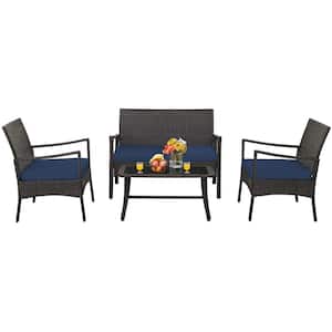 4-Piece Wicker Patio Conversation Set Rattan Furniture Sofa Armrest Coffee Table with Navy Cushions
