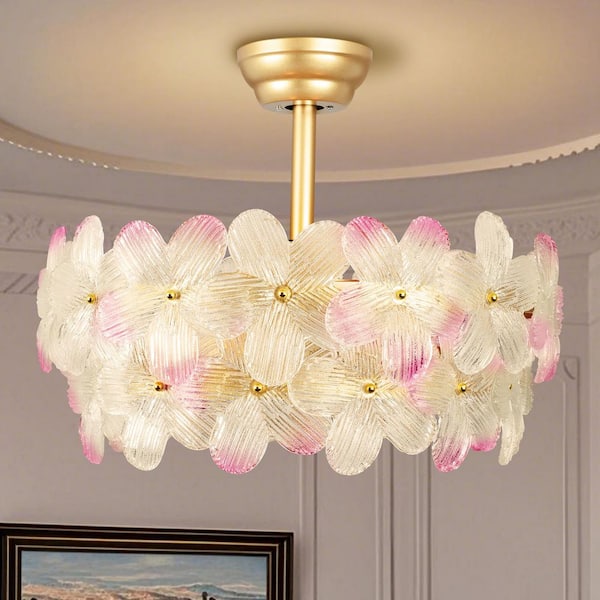 Ltemziiy 22 in. Indoor Pink Double Layered Glass Flower Ceiling