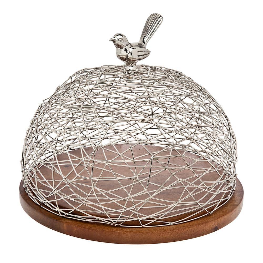 Round Wood Cake Stand with Silver Bird Dome