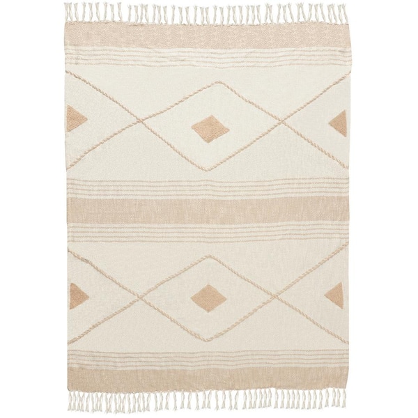 Unbranded Coastal Edge Peach/White Geometric Diamond All Natural Cotton Throw Blanket with Fringe