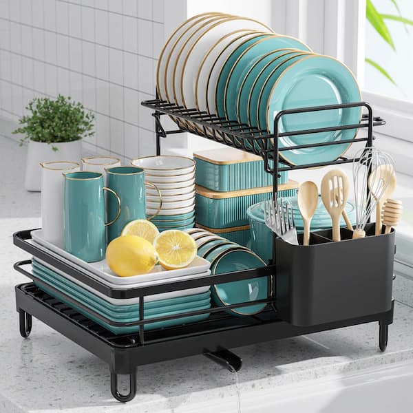 Wudkey 2-Tier Black Dish Drying Rack, Stainless Steel Dish Rack, Kitchen Organizers and Storage for Dishes, Bowls and Cutlery