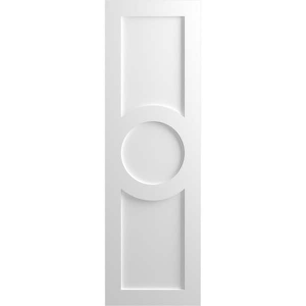 Ekena Millwork True Fit 12 in. x 47 in. PVC Center Circle Arts and Crafts Fixed Mount Flat Panel Shutters Pair in Unfinished