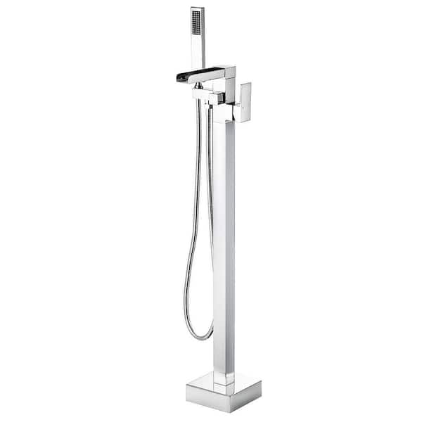 Waterfall Single-Handle Floor Mount Freestanding Tub Faucet, Tub Filler with Rectangle Hand Shower in Polished Chrome