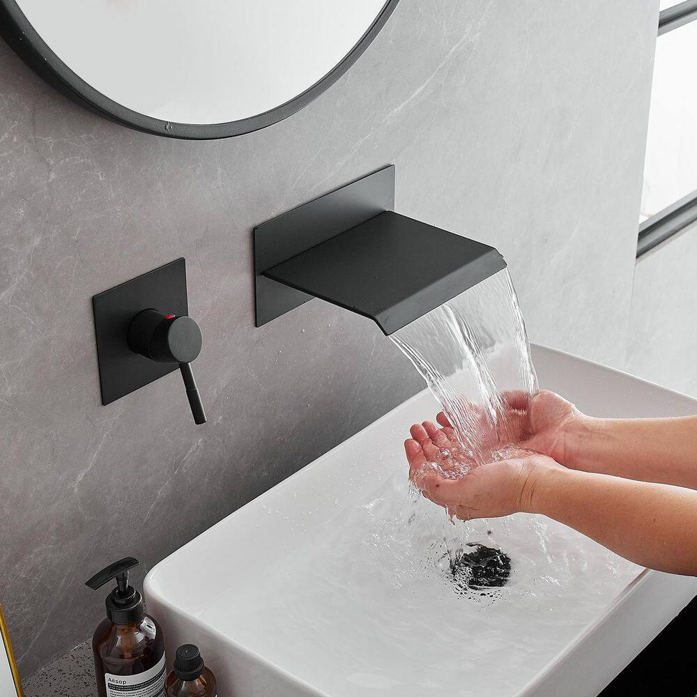 Matte Black Wall-Mount Waterfall Bathroom Faucet with Lever Handle