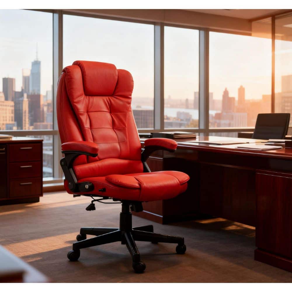 PU Leather Reclining Ergonomic Executive Chair in Red with Arms