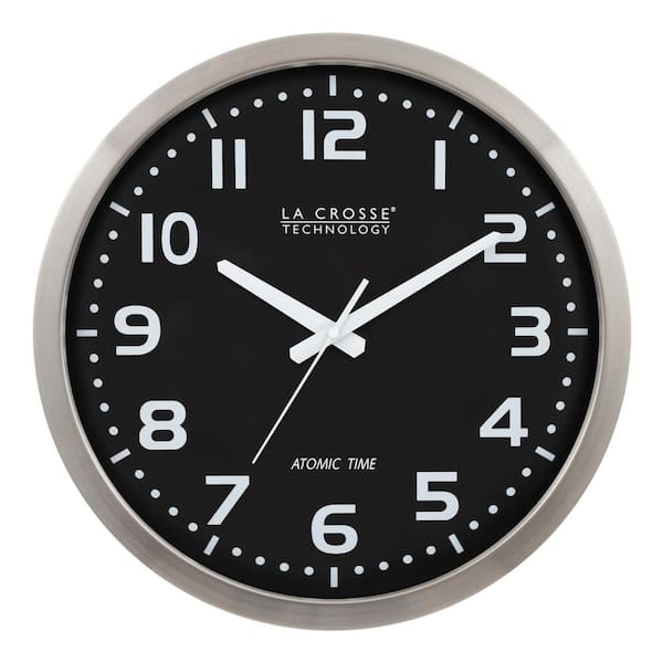 La Crosse Technology 16 in. Stainless Steel Atomic Analog Clock with Black Dial