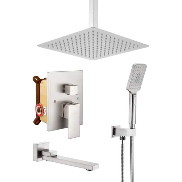 cadeninc 3-Spray Patterns with 10 in. Ceiling Mount Tub and Shower Faucet with Handheld Shower in Brushed Nickel