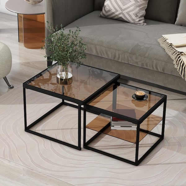 Zeus & Ruta Modern Black Nested Coffee Table Set with High-low Combination Design, Brown Tempered Glass for Living Room