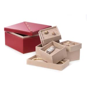 Studded Red Leather 2-Level Jewelry Box with Removable Individual Trays