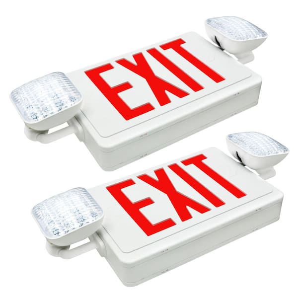 (2-Pack) 120-277-Volt White Integrated LED Emergency Red Exit Light w/2-Square Adjustable Lamp, 90-Min Backup