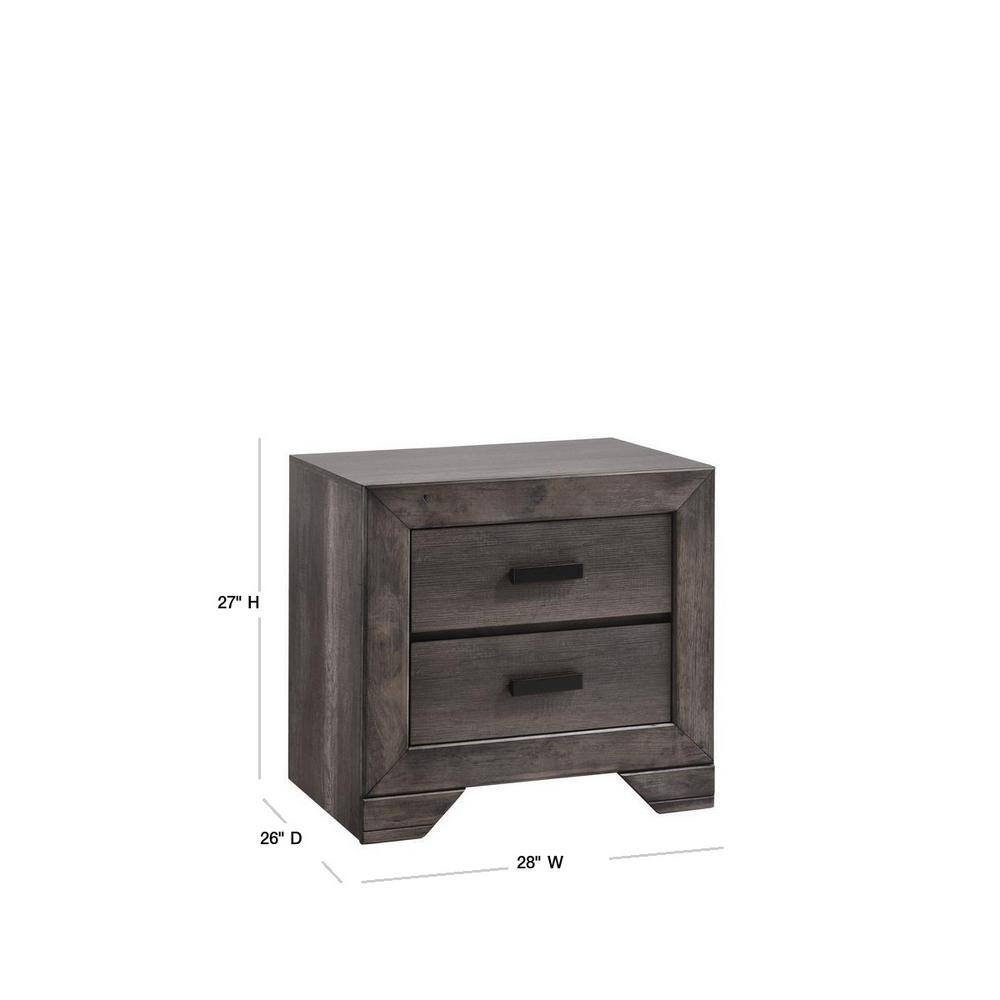 Rustic Gray Oak 2-Drawer Nightstand with Black Metal Pulls