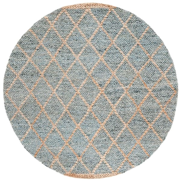 Natural Fiber 6 ft. x 6 ft. Light Blue/Natural Diamond Border Round Area Rug