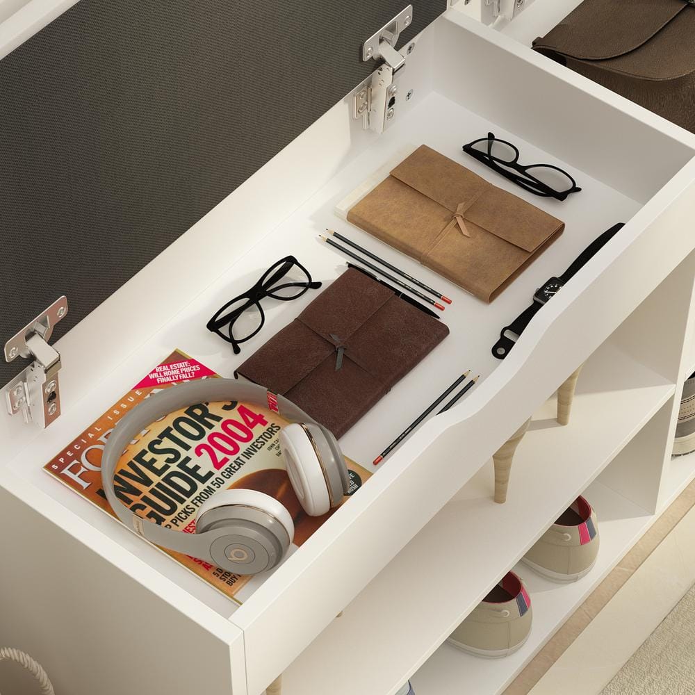 White MDF Shoe Storage Bench with Cushion and Open Shelves