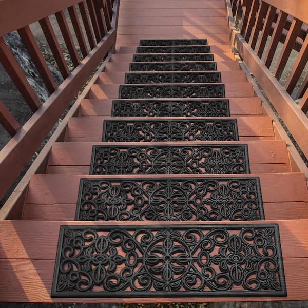 Waterproof Low Profile Non-Slip Indoor/Outdoor Black Floral 10 in. x 30 in. Rubber Stair Tread Covers (Set of 5)