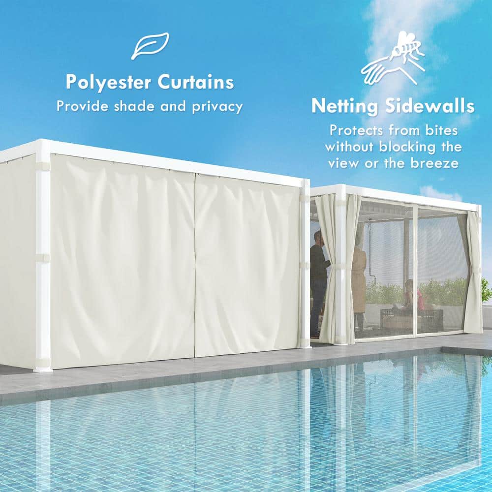White Aluminum Outdoor Pergola with Adjustable Canopy and Curtains