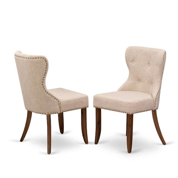 East West Furniture Walnut, Parsons Dining Chairs - Button Tufted Nailhead Trim Light Tan Linen Fabric Upholstered Chairs, Set Of 2