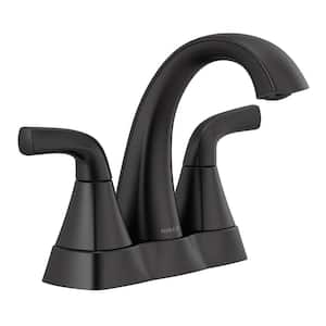 Parkwood 4 in. Centerset Double-Handle High-Arc Spout Bathroom Faucet with Drain Kit Included in Matte Black