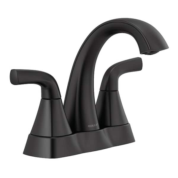Peerless Parkwood 4 in. Centerset Double-Handle High-Arc Spout Bathroom Faucet with Drain Kit Included in Matte Black