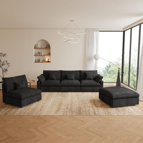 156 in. Square Arm 5-Piece Linen Upholstered Cloud Modular Sectional Sofa 4-Seater w/ Ottoman, Washable Covers in Black