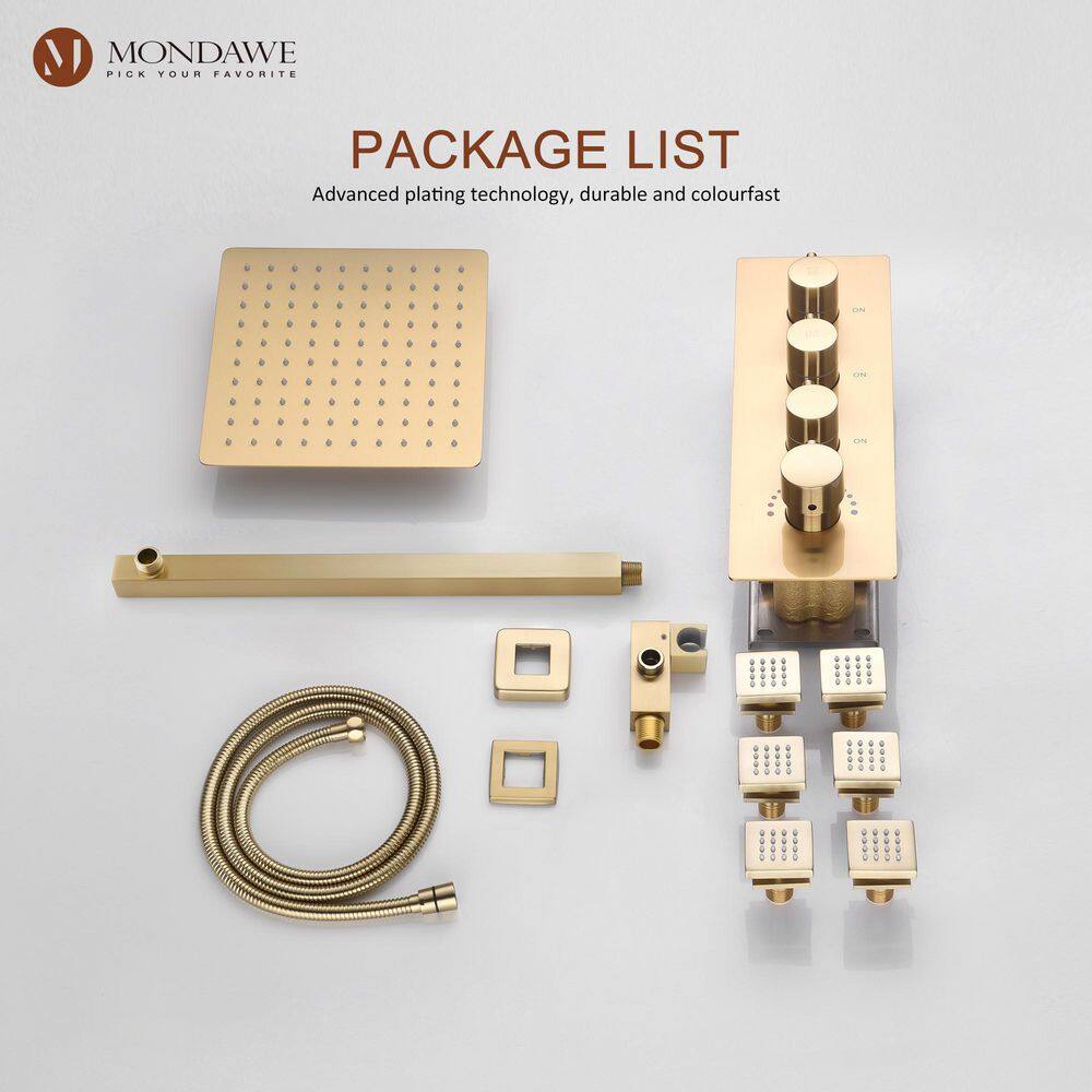 Brushed Gold Dual Square Wall Mounted Shower System with Body Jets