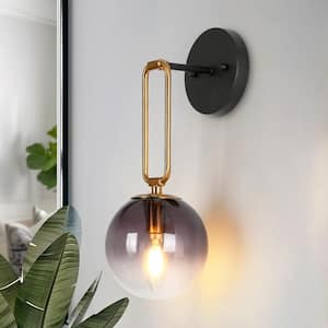 Mid-Century Modern Bathroom Sconce 14.5 in. 1-Light Black and Gold Transitional Wall Light with Gradient Purple Glass