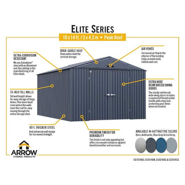 Arrow Elite Storage Shed 14 ft. W x 10 ft. D x 8 ft. H Metal Shed 140 sq. ft.