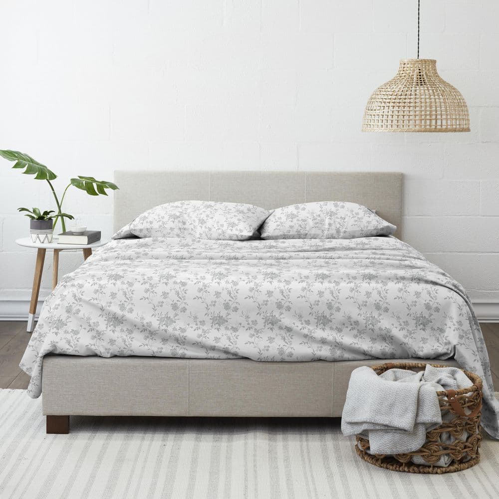 Gray Floral Cotton Flannel Queen Deep Pocket Sheet Set