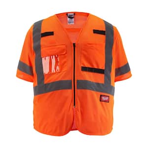 Large/X-Large Orange Class-3 Mesh High Visibility Safety Vest with 9-Pockets and Sleeves