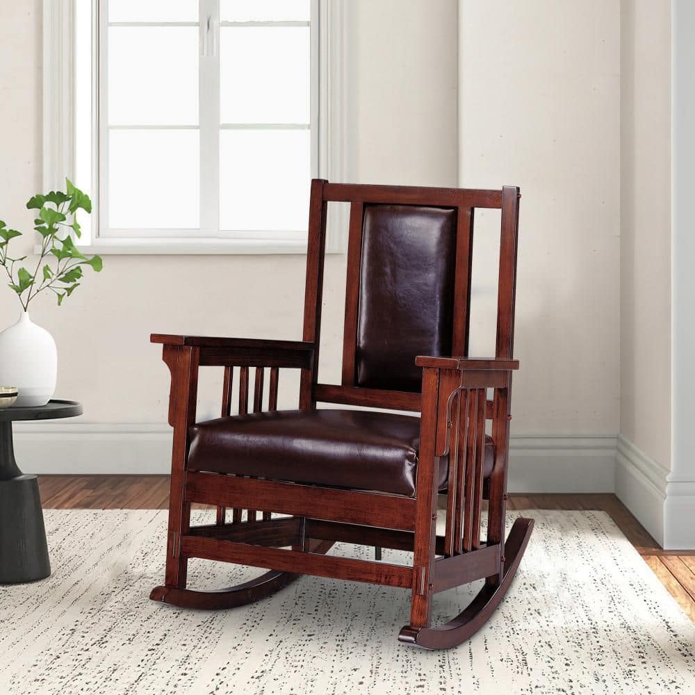 Warm Espresso Solid Wood Rocking Chair with Leatherette Cushions