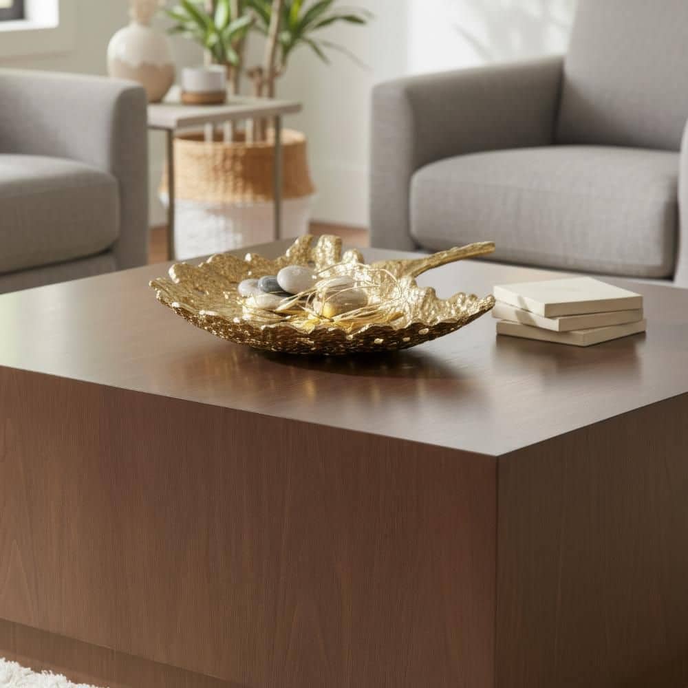 Lacey Gold Metal 15 in. Decorative Plate with Textured Leaf Design Raised Edge