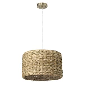 Bella 1-Light Brushed Brass Canopy Pendant Light with Handwoven Wicker Drum Shade, No Bulbs Included