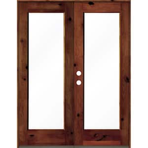 60 in. x 80 in. Rustic Knotty Alder Wood Clear Full-Lite Red Chestnut Stain Right Active Double Prehung Front Door