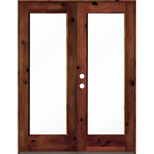 Krosswood Doors 60 in. x 80 in. Rustic Knotty Alder Wood Clear Full-Lite Red Chestnut Stain Right Active Double Prehung Front Door