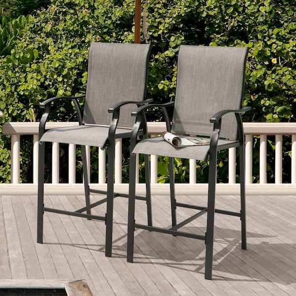 Black Textilene and Iron Metal Outdoor Bar Stool with High Backrest (2-Pack)