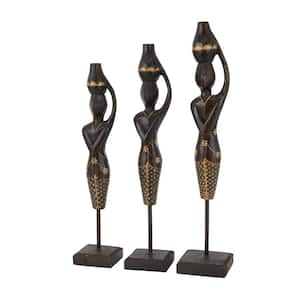 Black Wood Standing African Woman Sculpture with Baskets on Their Heads (Set of 3)