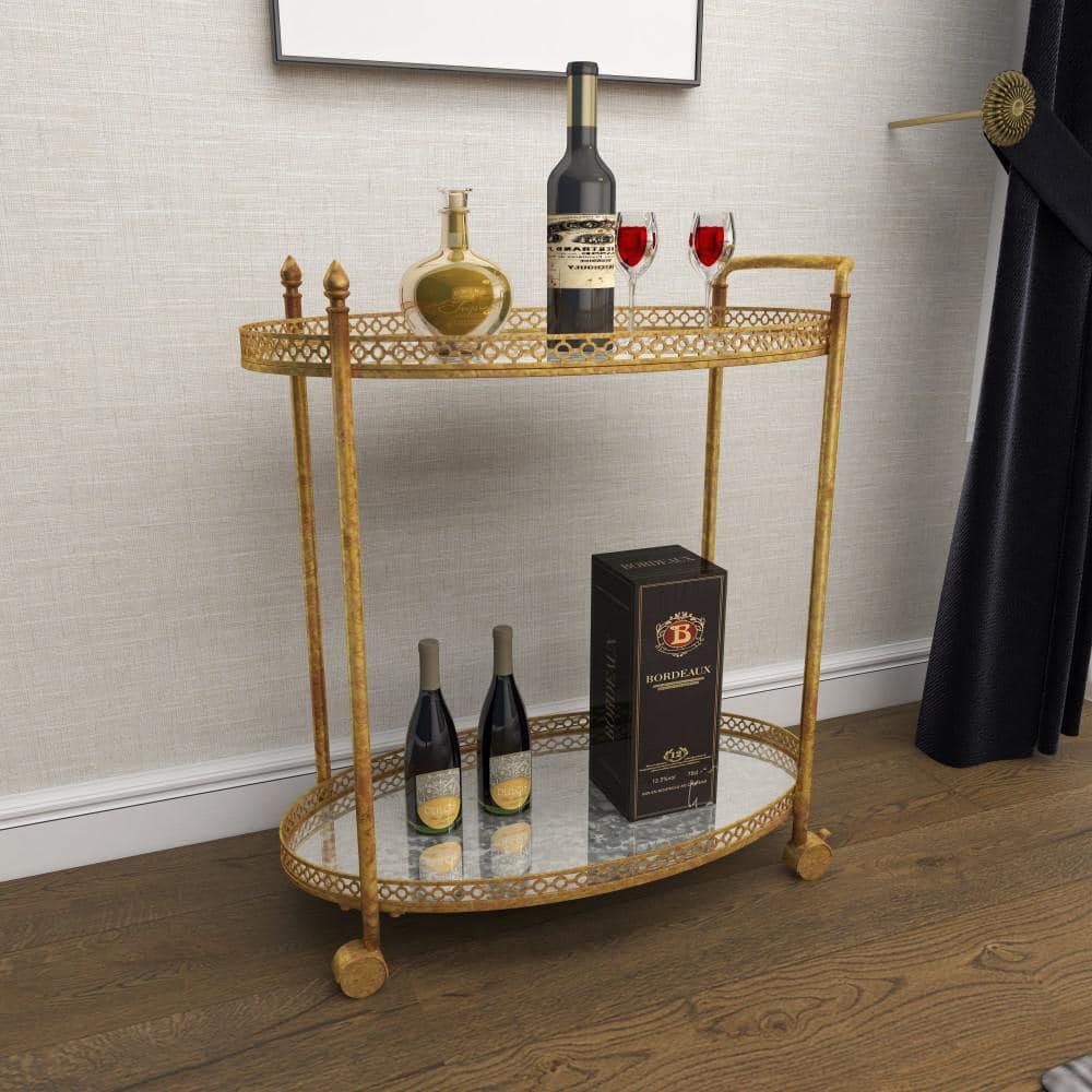 Gold Oval Iron Rolling Bar Cart with Glass Shelves