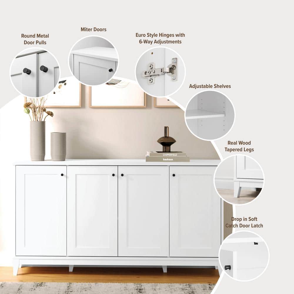 White Pine 4-Door Freestanding Accent Cabinet with Adjustable Shelves