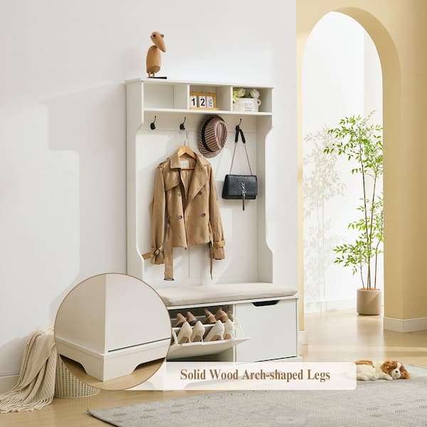 JEAREY White Bench and Shoe Storage, Entryway Bench with Coat Rack