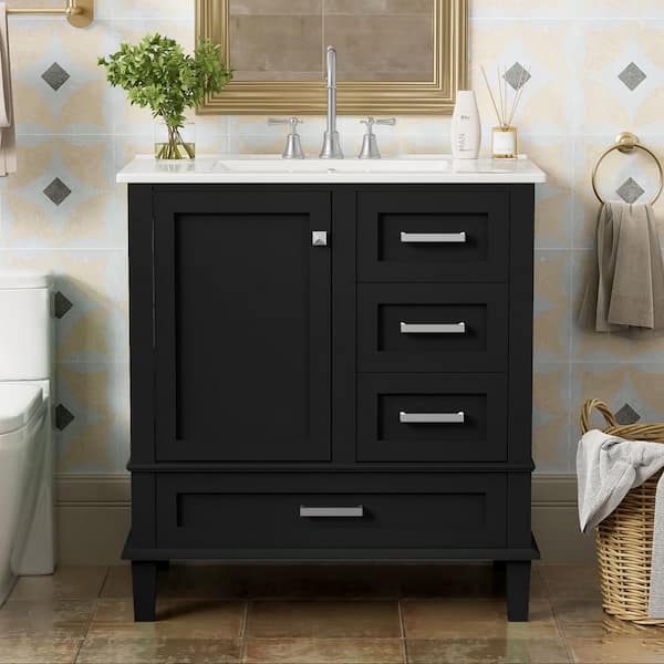 30 in. Single Sink Freestanding Black Bath Vanity with White Ceramic Top, Solid Wood Frame