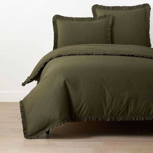 Company Cotton Ruffle Garment Wash Olive Twin/Twin XL Duvet Cover