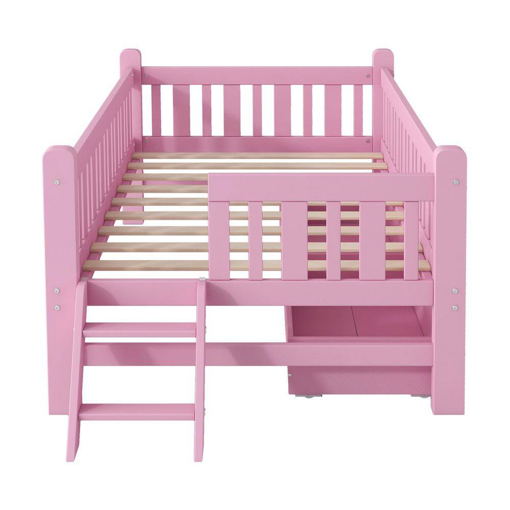 White Wood Frame Twin Size Platform Bed with Guardrail and 2-Drawers - thumbnail 6